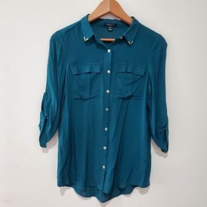 Teal turquoise green gold tip collar button down shirt blouse small